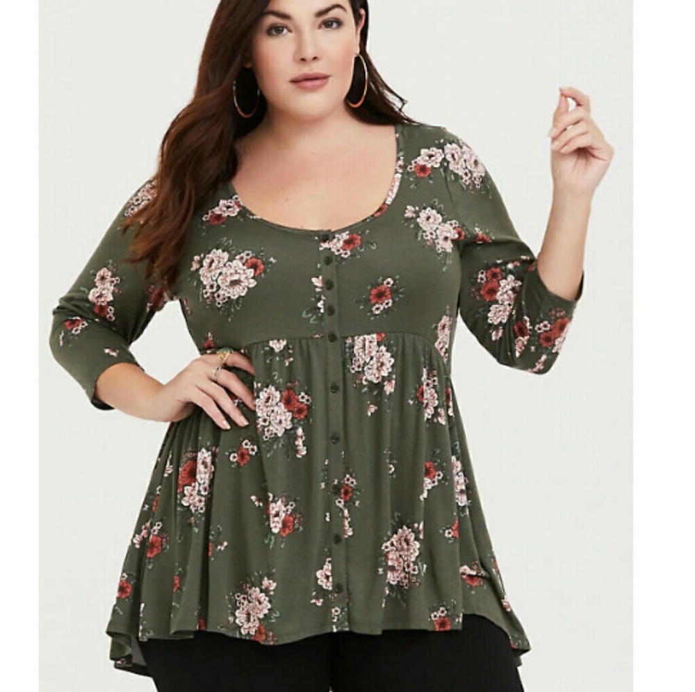 Torrid Super Soft Olive Floral Baby Doll Size 1X